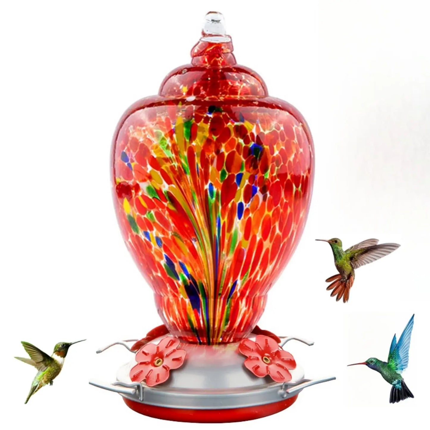 Hand Blown Glass Hummingbird Feeder With Ant Proof Tray
