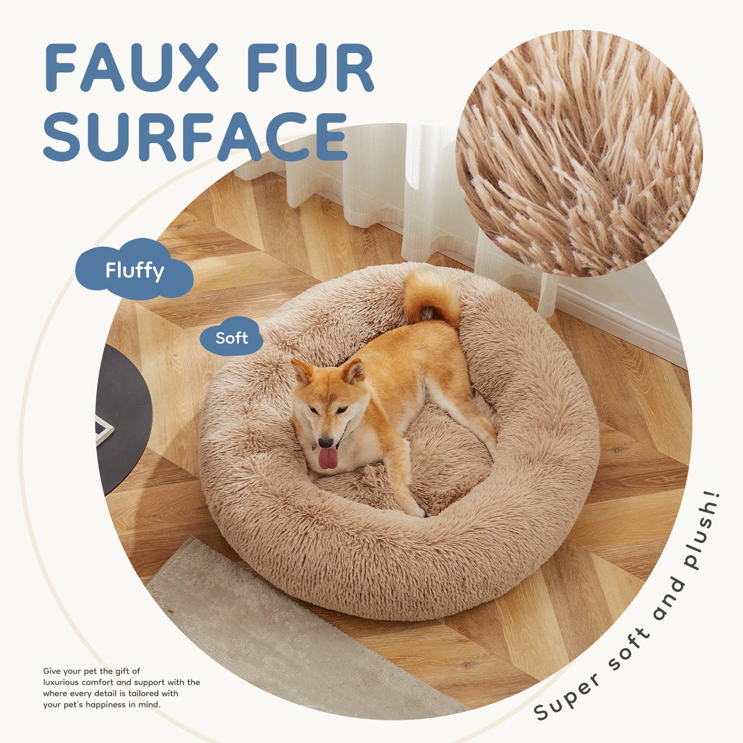 MCQ Round Faux Fur Plush Dog Bed Anti Slip Cushion