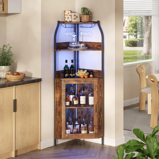 HiMISS Corner Bar Cabinet With LED Lights And Wine Rack