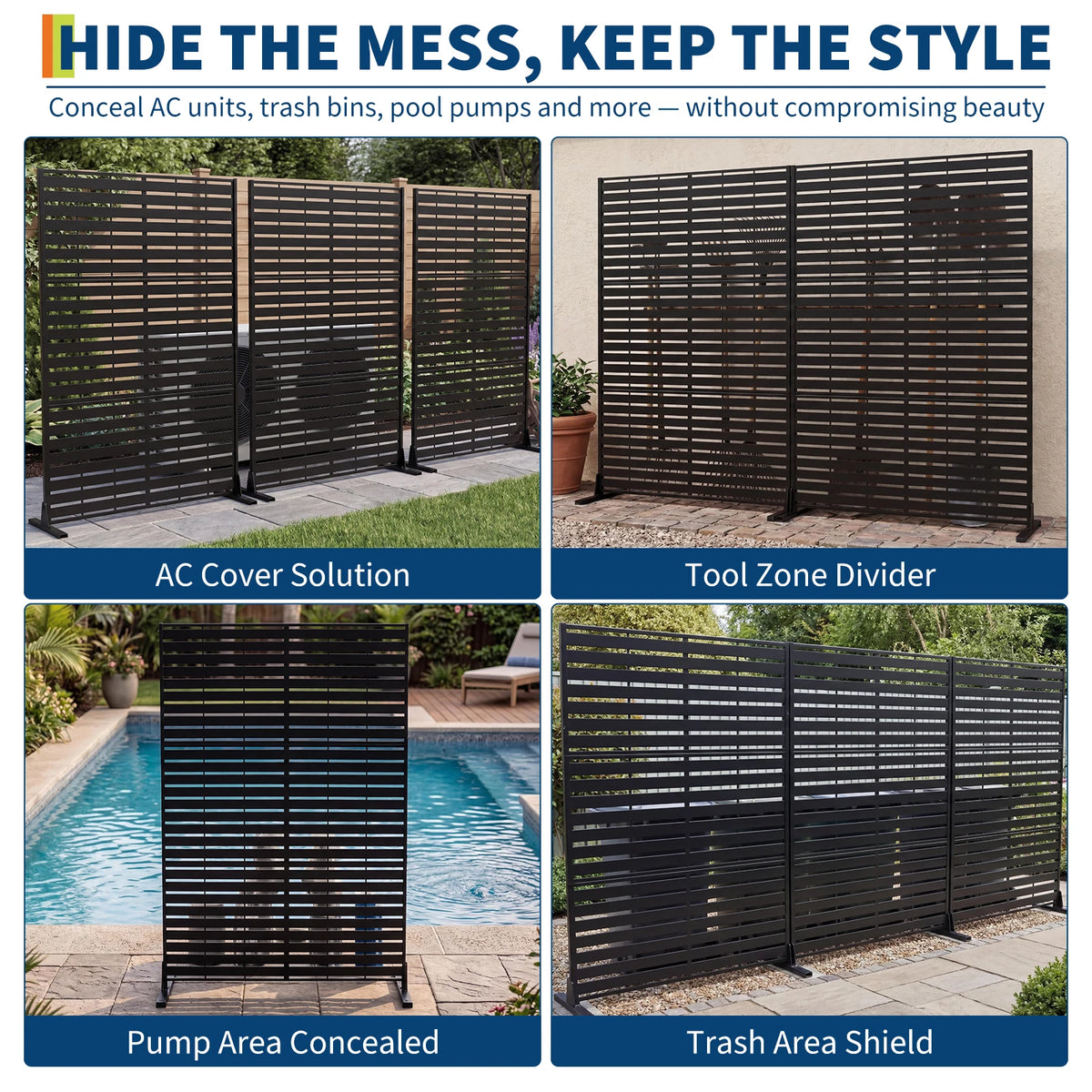 Freestanding Metal Outdoor Privacy Screen Fence - 78" H x 48" W - Rustproof Steel Divider, Modern Laser Cut, Weatherproof, Decorative Panel for Patio, Garden, Balcony, Pool, Room, Hot Tub