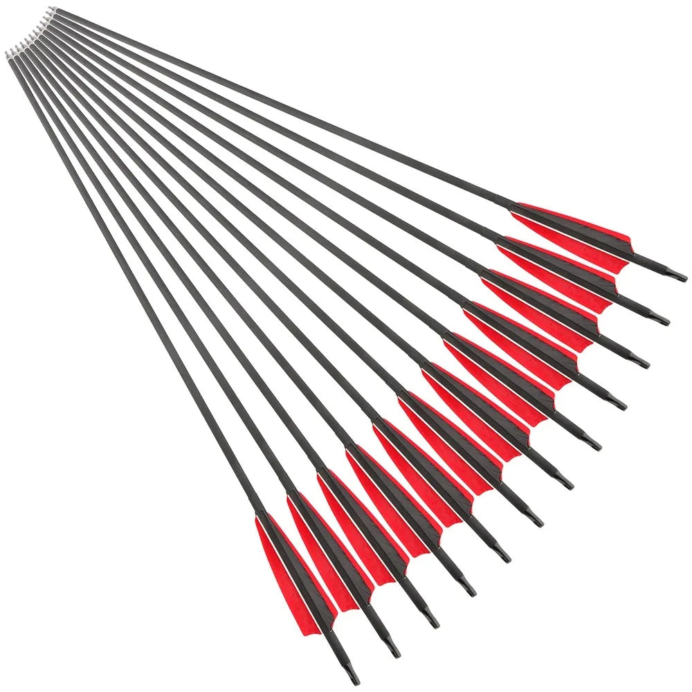 12pcs Archery Mixed Carbon Arrows Spine 500 ID6.2mm OD7.8mm 4 Inch Shield Turkey Feathers 100 Grain Tips for Compound Recurve Bow Hunting Shooting