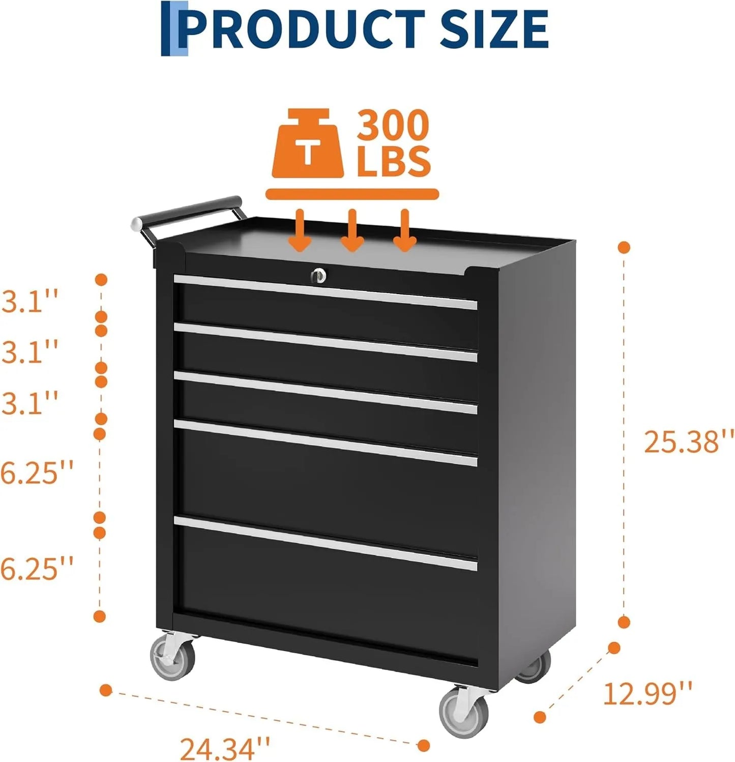 Heavy Duty Rolling Tool Chest With Five Lockable Drawers