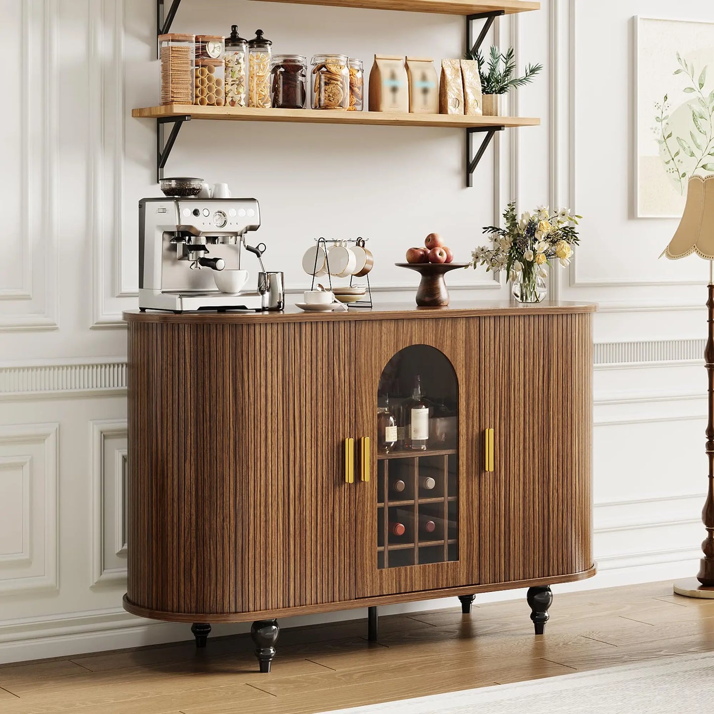 HiMISS Modern Bar Cabinet With Glass Doors And Wine Storage