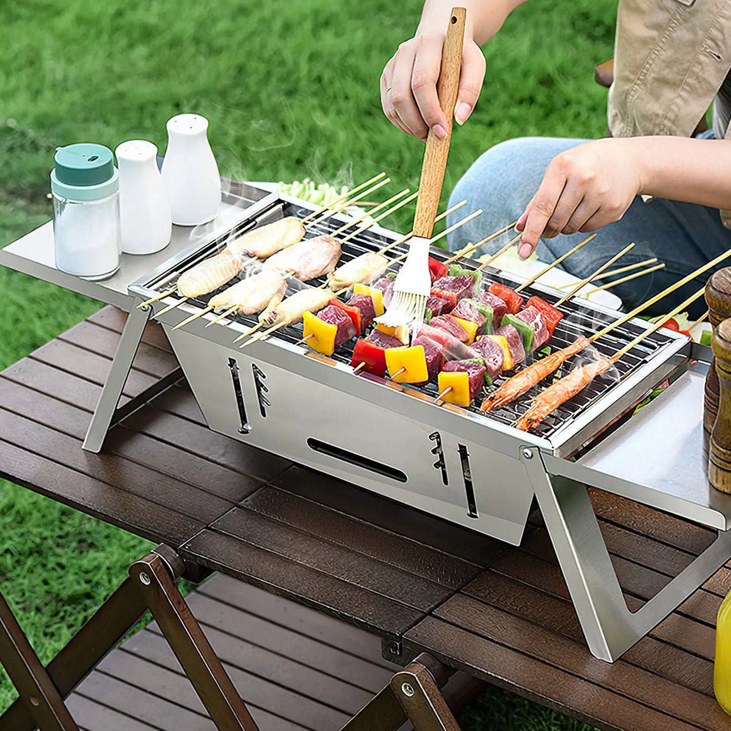 Foldable Charcoal BBQ Grill Stainless Steel Grill Net Easy Setup Portable Tabletop Barbecue Grill for Camping Picnic Outdoor Party Backyard