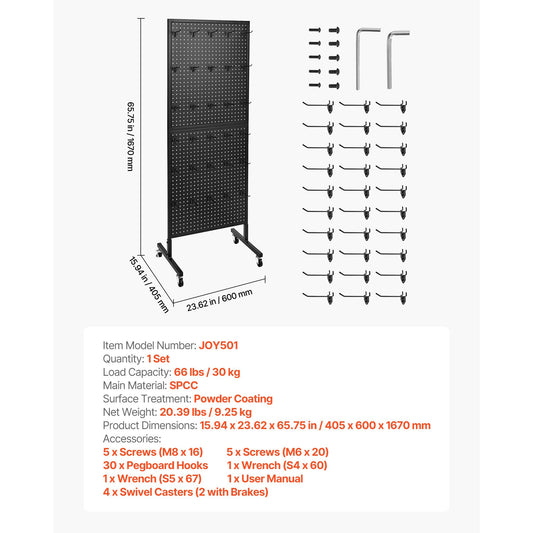 SucceBuy Steel Standing Pegboard Display Rack With Hooks And Wheels