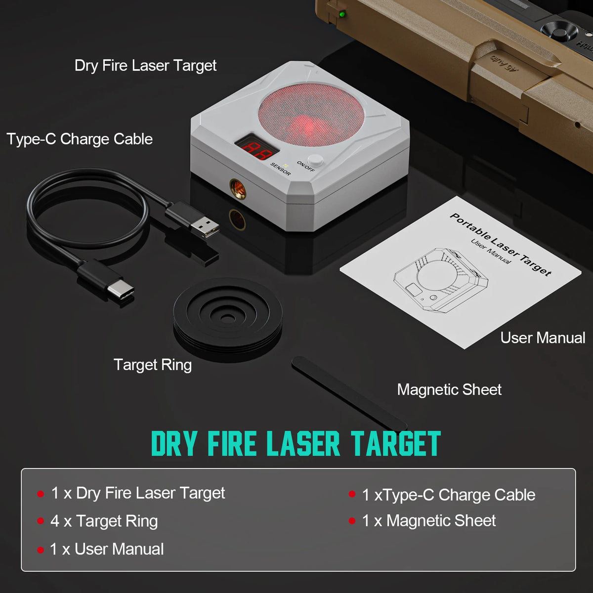 Portable rechargeable laser target, adjustable brightness and volume, five difficulty levels shooting training equipment.
