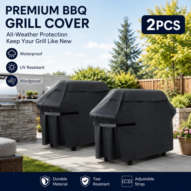 2-Piece Full-Coverage BBQ Cover—Outdoor Weather Protection; Black Oxford Fabric—Waterproof, UV-Resistant, and Tear-Resistant; Drawstring Closure for Easy Cleaning; Wind-Resistant and Durable; Suitable for Large Outdoor BB