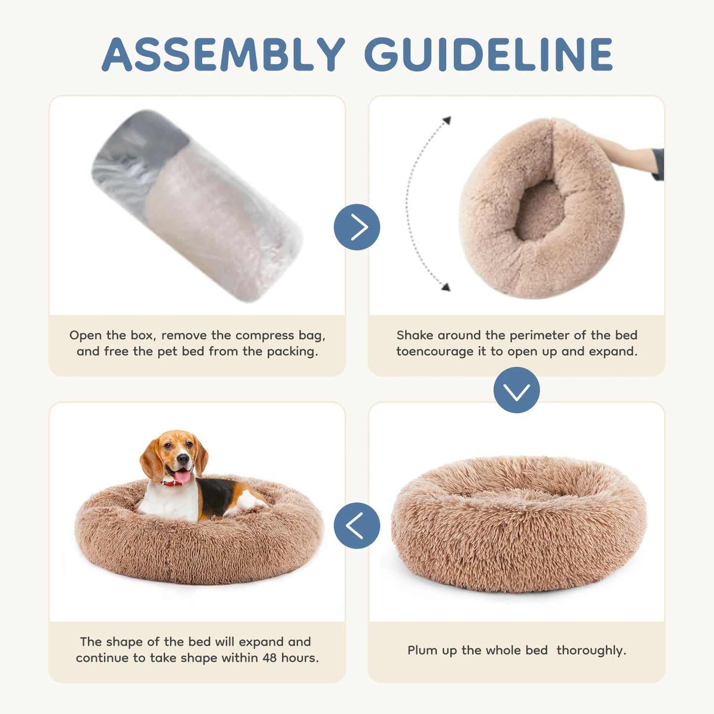 MCQ Round Faux Fur Plush Dog Bed Anti Slip Cushion