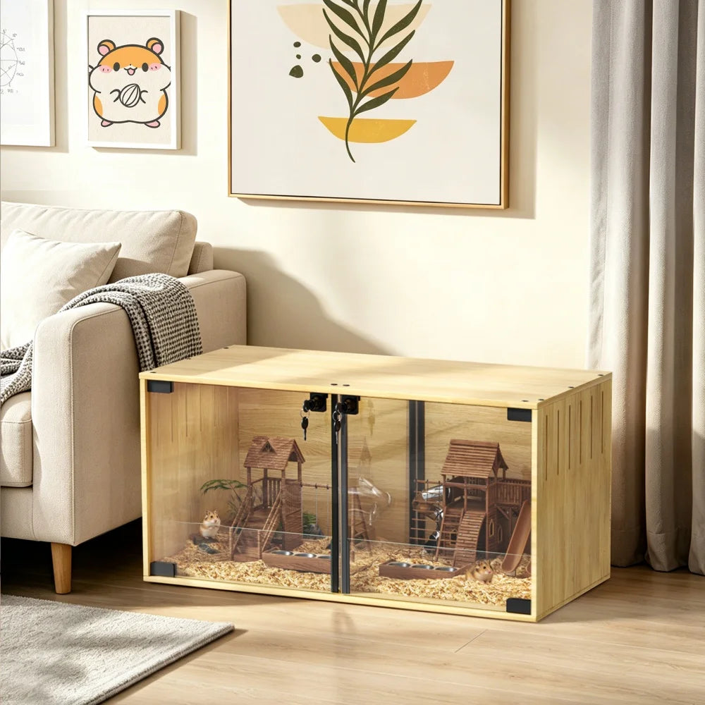 Wooden Hamster Cage Chew Proof Enclosure With Removable Divider