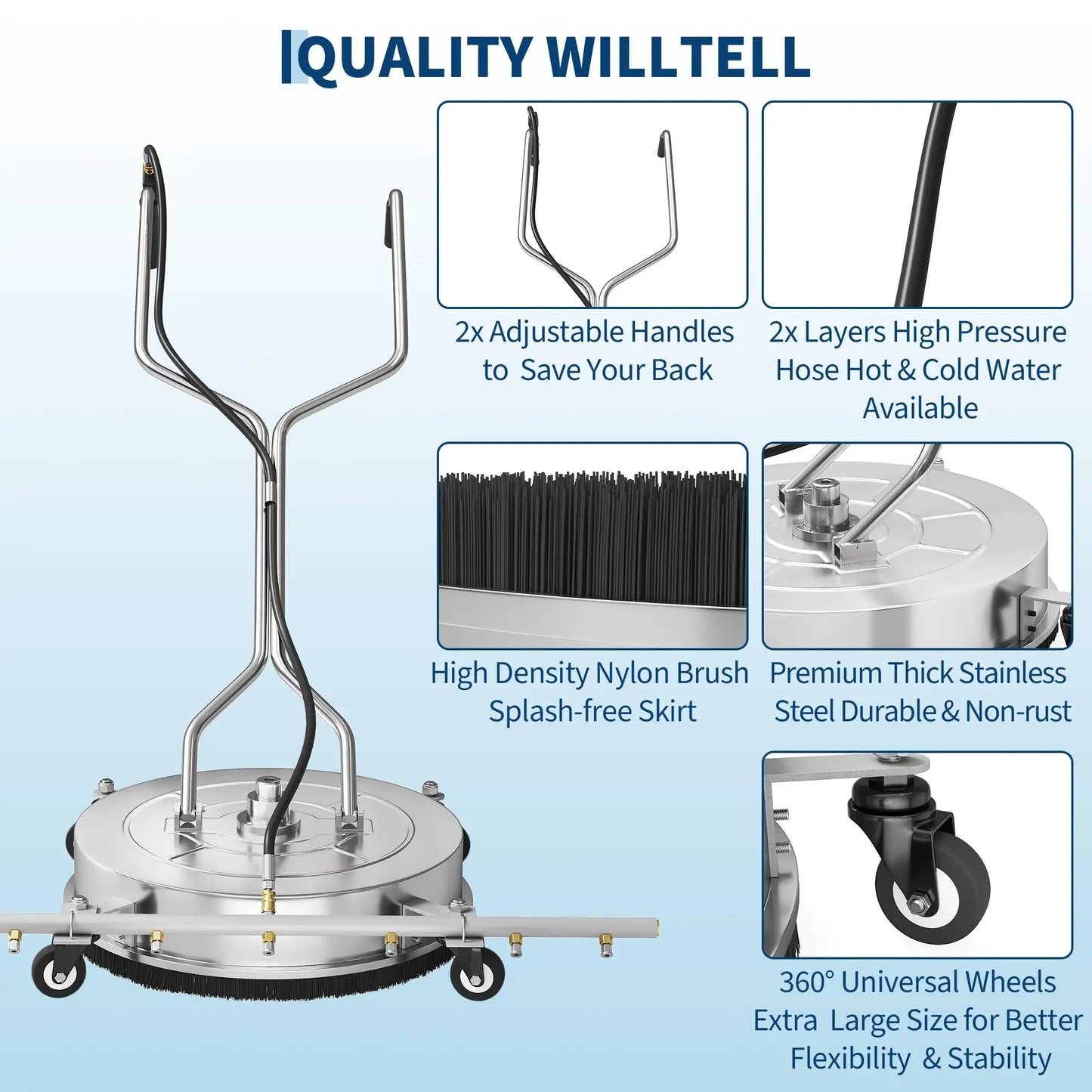 24" Pressure Washer Surface Cleaner Mate Attachment with 7 Nozzles Water Broom, Stainless Steel Dual-Handle, 4900 PSI Heavy-Duty for Driveway/Sidewalk/Deck/Patio