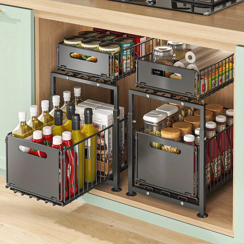 Aehome Adjustable Metal Under Sink Slide Out Cabinet Organizer Shelf