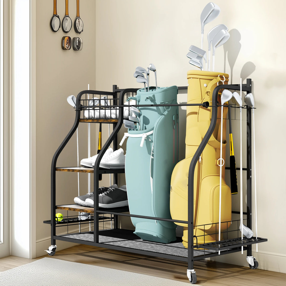 Metal Rolling Golf Bag Storage Shelf Rack With Wheels