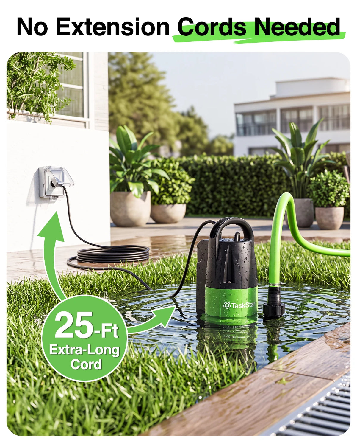 TaskStar 1HP Submersible Water Pump 4000GPH Sump Pump with 25Ft Long Cord Built‑in Vertical Float Switch 28Ft Max Lift for Basement Pool Hot Tub Yard Flood Drainage