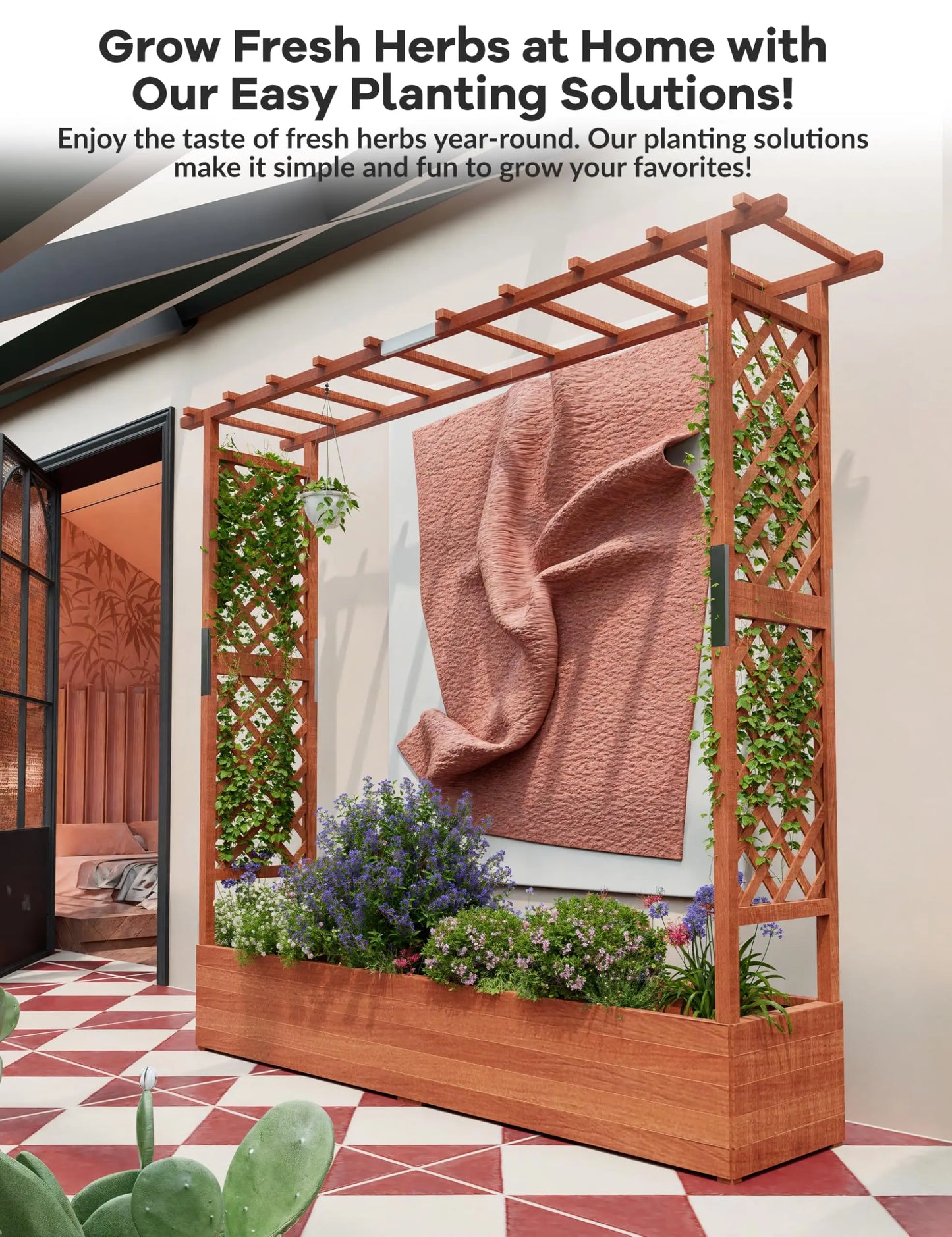 HiMISS Elevated Wooden Raised Garden Bed Trellis Planter