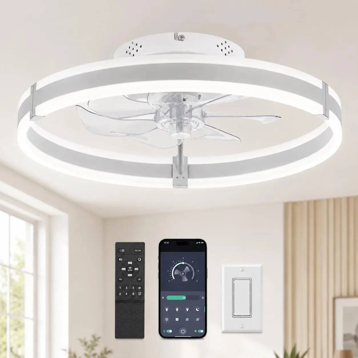 Low Profile Flush Mount Ceiling Fan With Dimmable LED Light