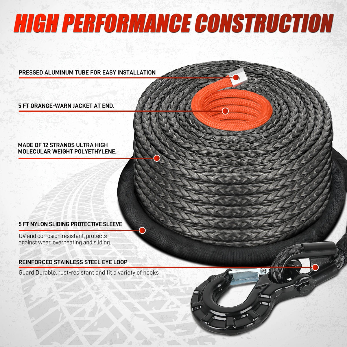 Nilight 1/2" x 92' Synthetic Winch Rope 32,000 lbs Winch Line Cable Ropes Kit with Protective Sleeve 35000lb Heavy Duty Winch Hook for SUV 4WD Off Road Vehicle Truck ATV UTV, Black & Orange
