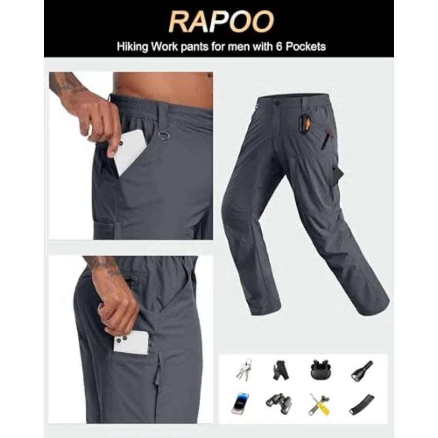 Rapoo Mens Hiking Pants Lightweight Water Resistant Breathable Nylon Cargo Pants with 6 Pockets