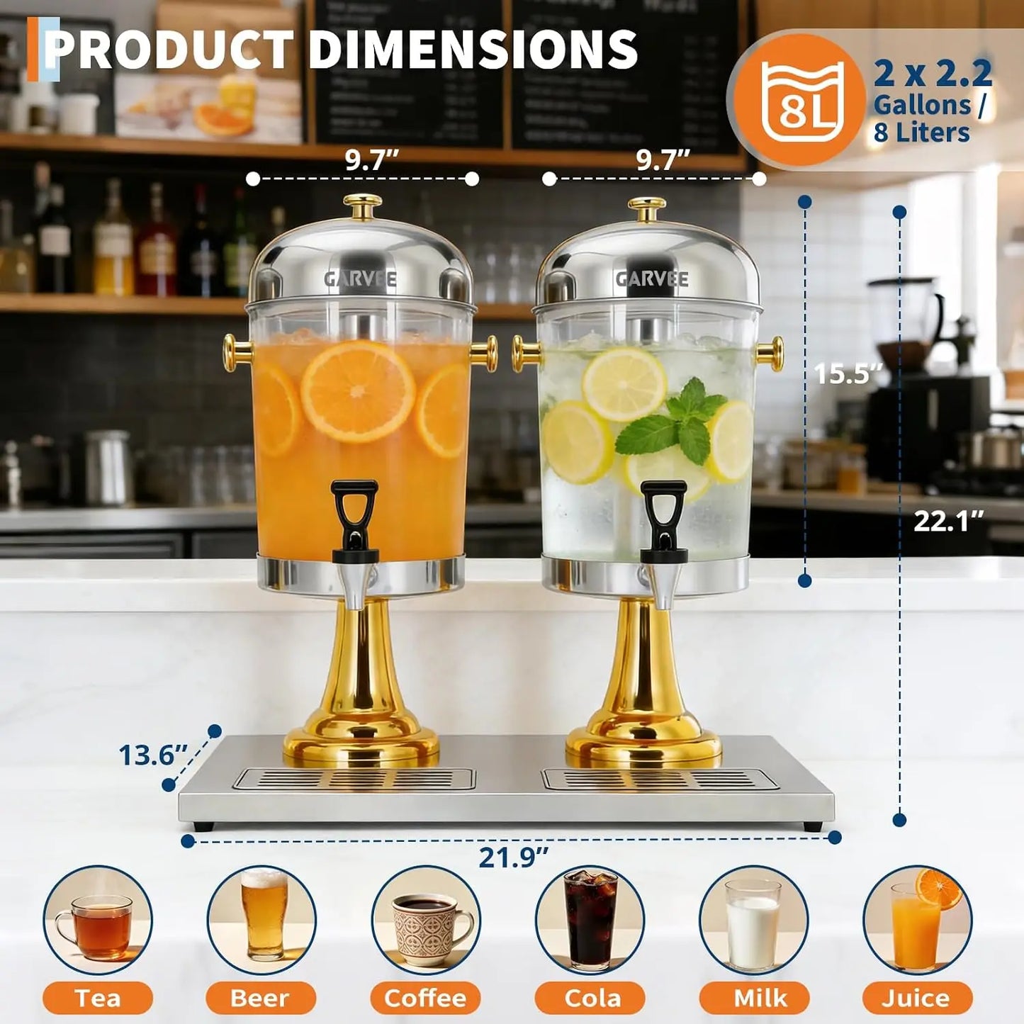 Tacleekii 2.2gal-6.6gal Commercial Drink Dispenser with Ice Core Stainless Steel Beverage Dispenser with Stand, Spigot & Drip Tray for Cold Juice Iced Tea Parties & Weddings