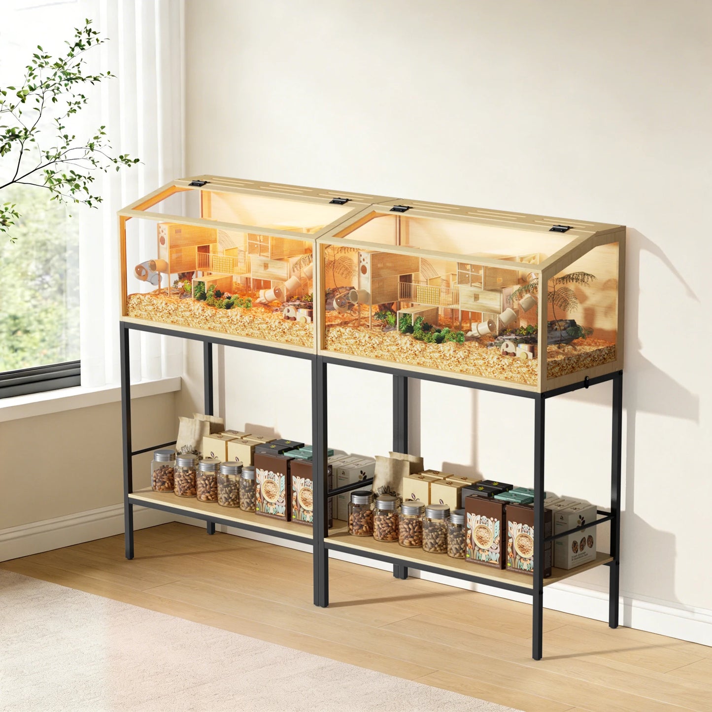 Wooden Hamster Cage With Tempered Glass And Led Lighting Panels