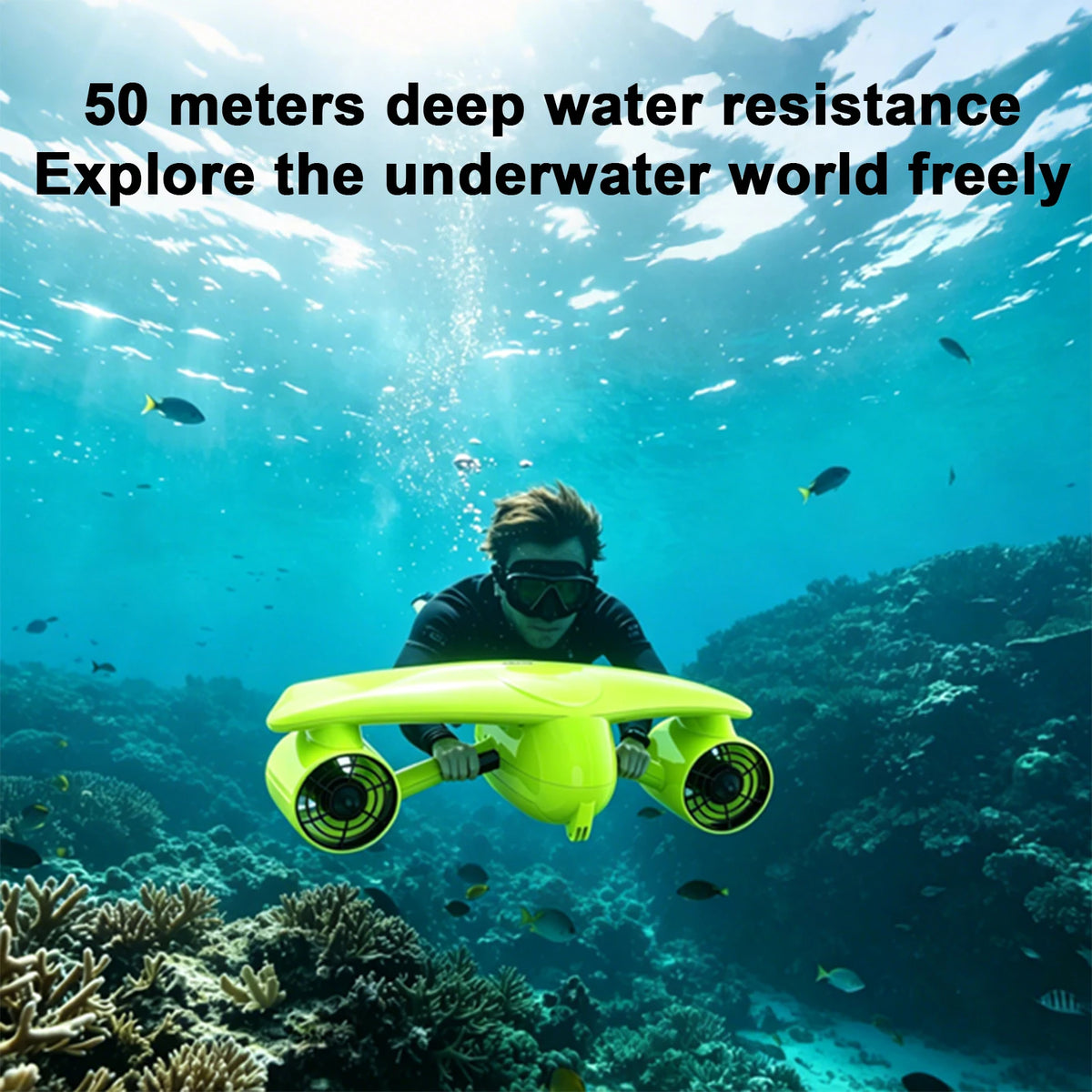 IP68 Waterproof Underwater Scooter 50m Diving Depth Dual Motor 2 Speed 12 kgf Thrust Portable Removable Battery Water Sea Scooter with Sport camera mount and Child Safety Lock for Snorkeling Swimming Diving