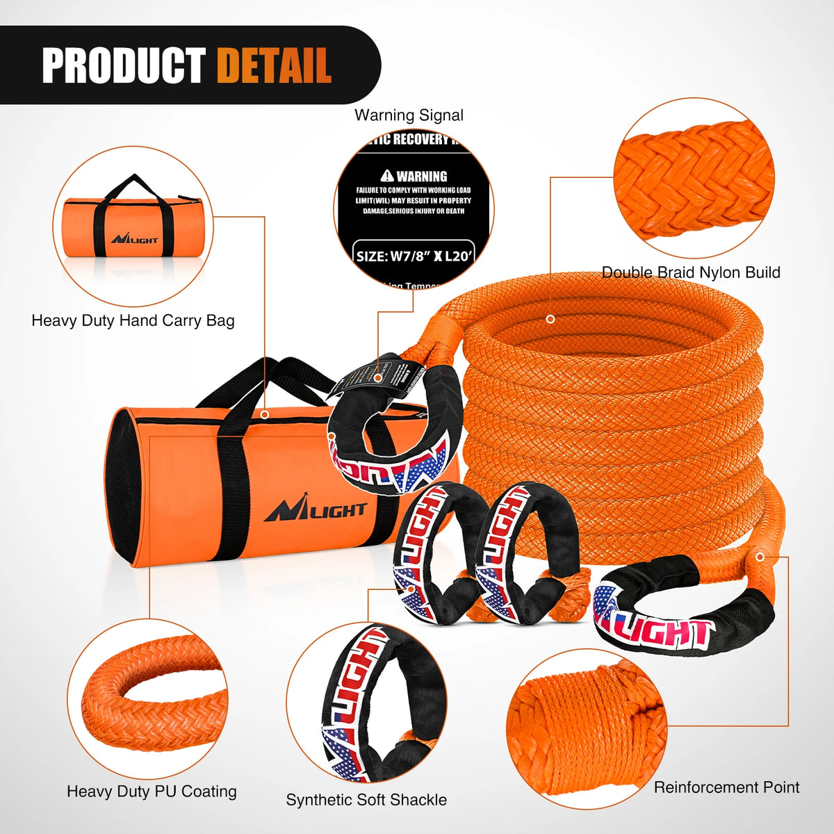Nilight Kinetic Recovery Tow Rope 7/8" x 20ft (28,600LBS) with 2 Soft Shackle 1/2" x 24" Snatch Strap Heavy Duty Offroad Towing Strap kit for UTV ATV SUV Truck Car Jeep Tractor