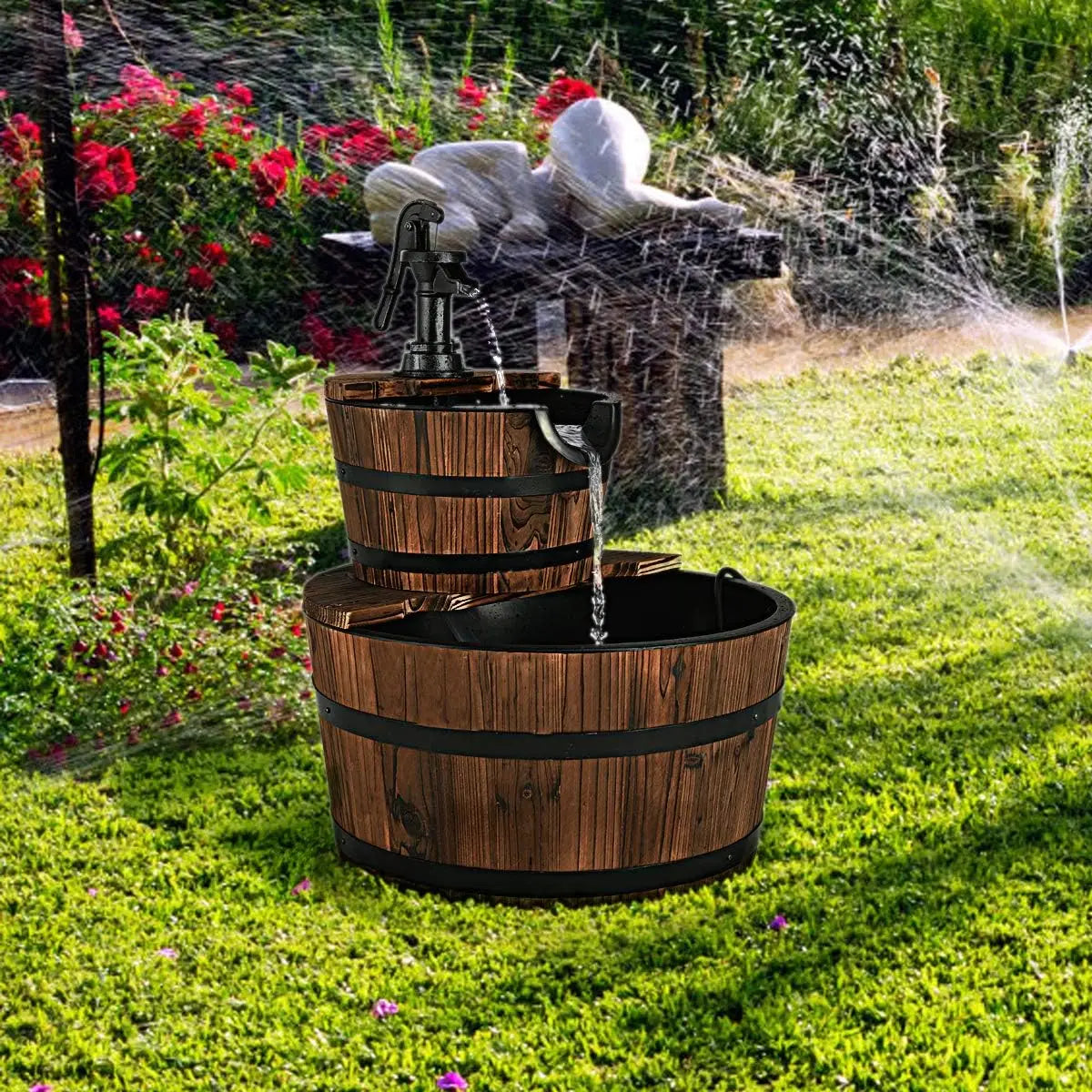 Two Tier Wooden Barrel Waterfall Fountain With Electric Pump