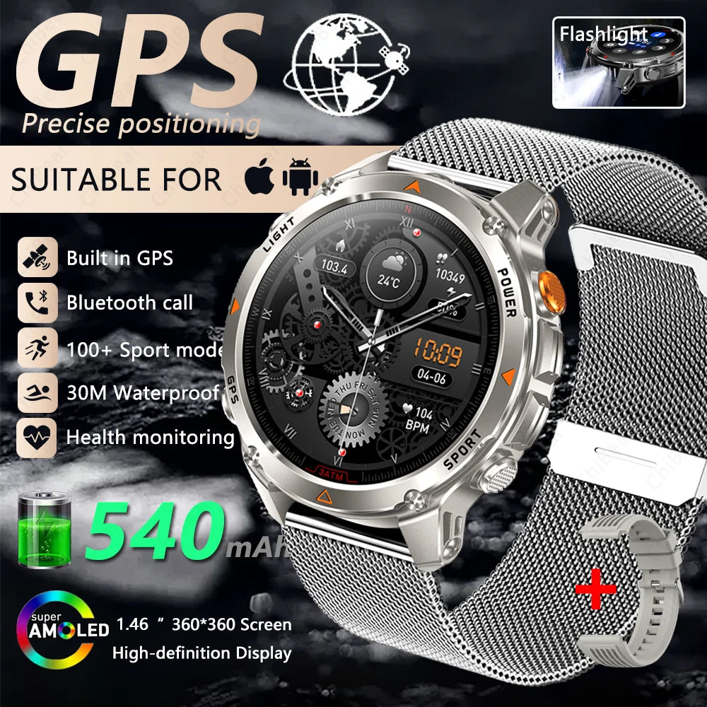 2026 New GPS Map Navigation Smart Watch Men Women Amoled Screen 3ATM Waterproof Sports Compass Health Bluetooth Call Smartwatch