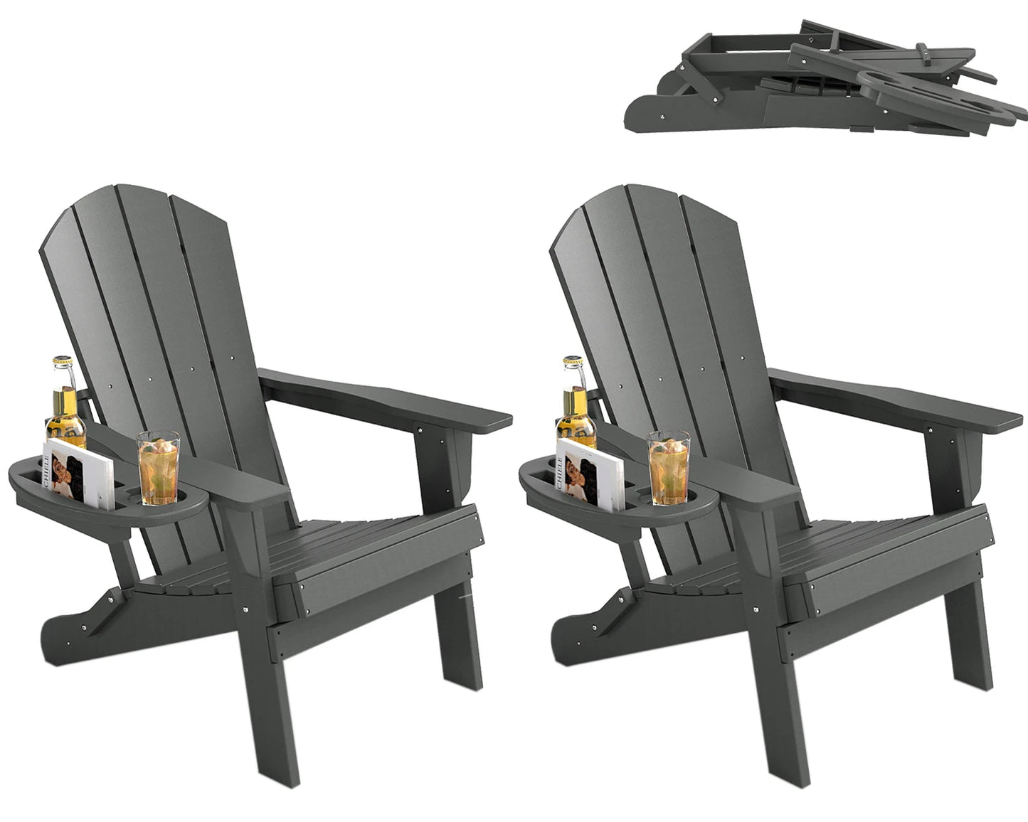 FOOWIN 2pcs Folding Adirondack Chair Weather Resistant HDPE Plastic Cup Holder Outdoor Patio Garden Fire Pit Deck Lawn