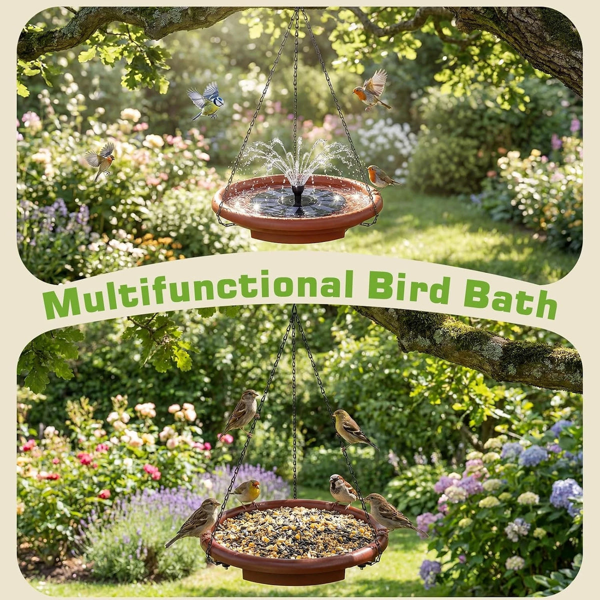 Solar Hanging Bird Bath With Fountain And Tiered Stand Design