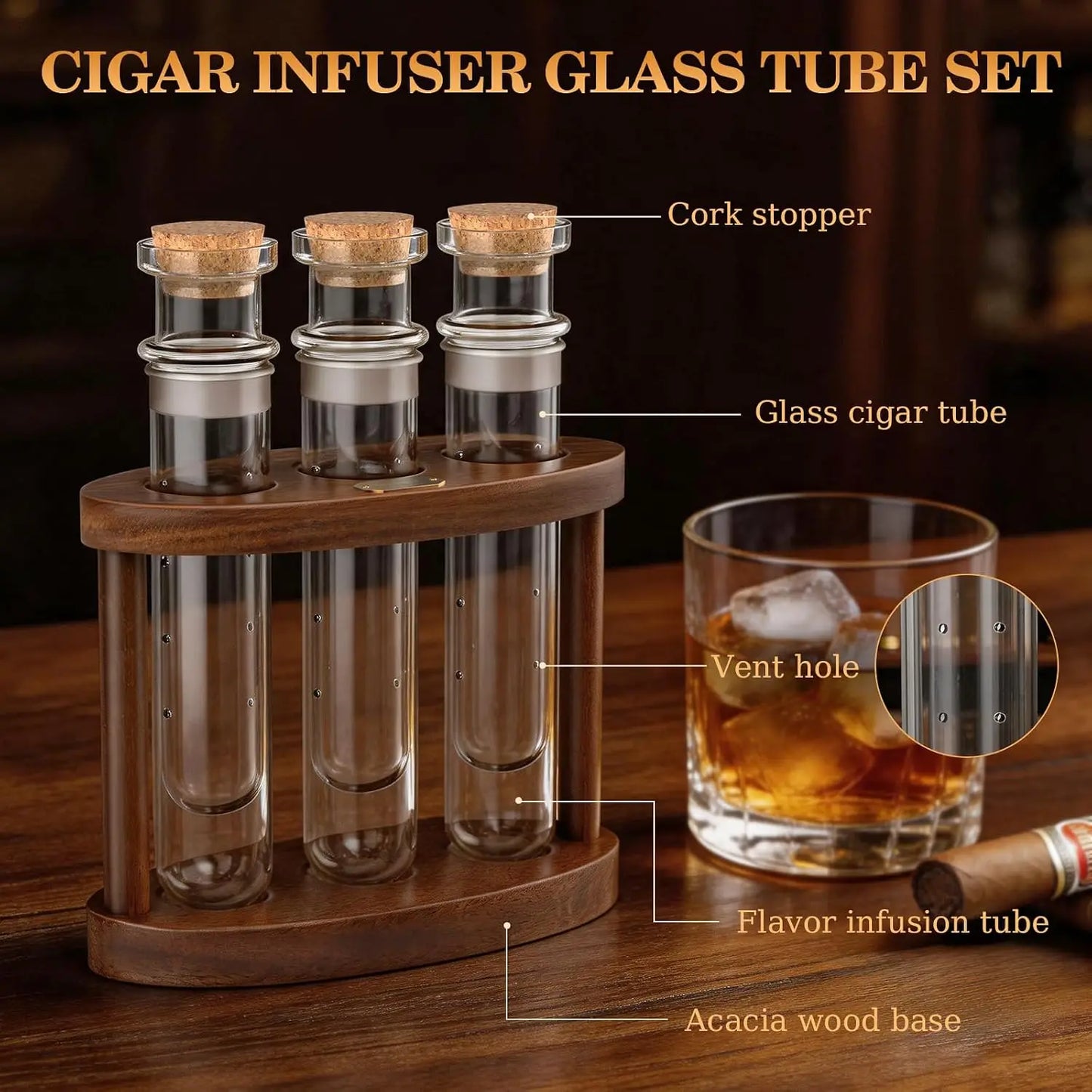 Semkont Cigar Humidor Flavor Glass Tube Kit With Wooden Stand