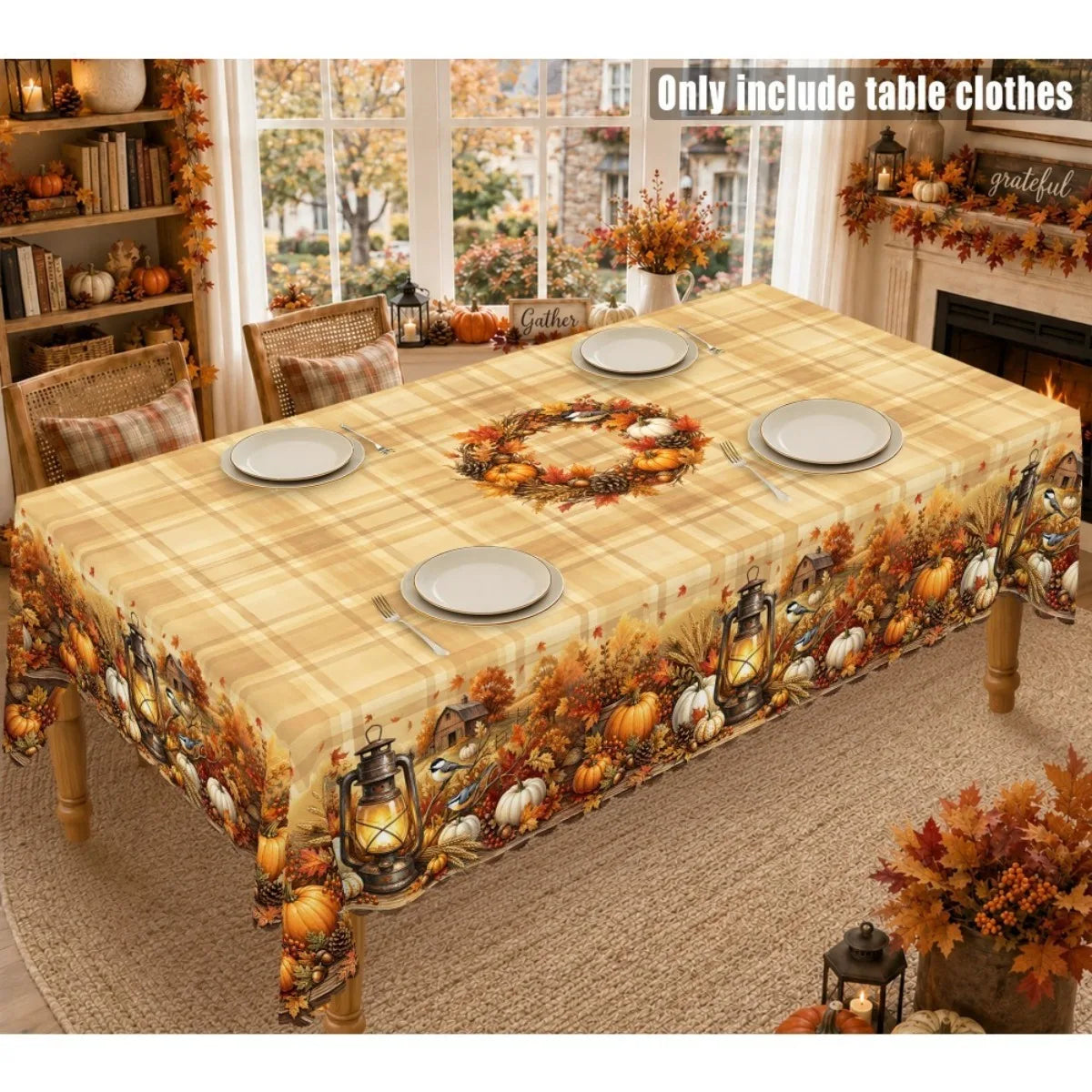 Autumn Harvest Tablecloth With Pumpkins, Maple Leaves And Vintage Lantern