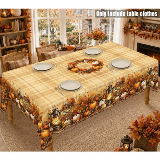 Autumn Harvest Tablecloth With Pumpkins, Maple Leaves And Vintage Lantern