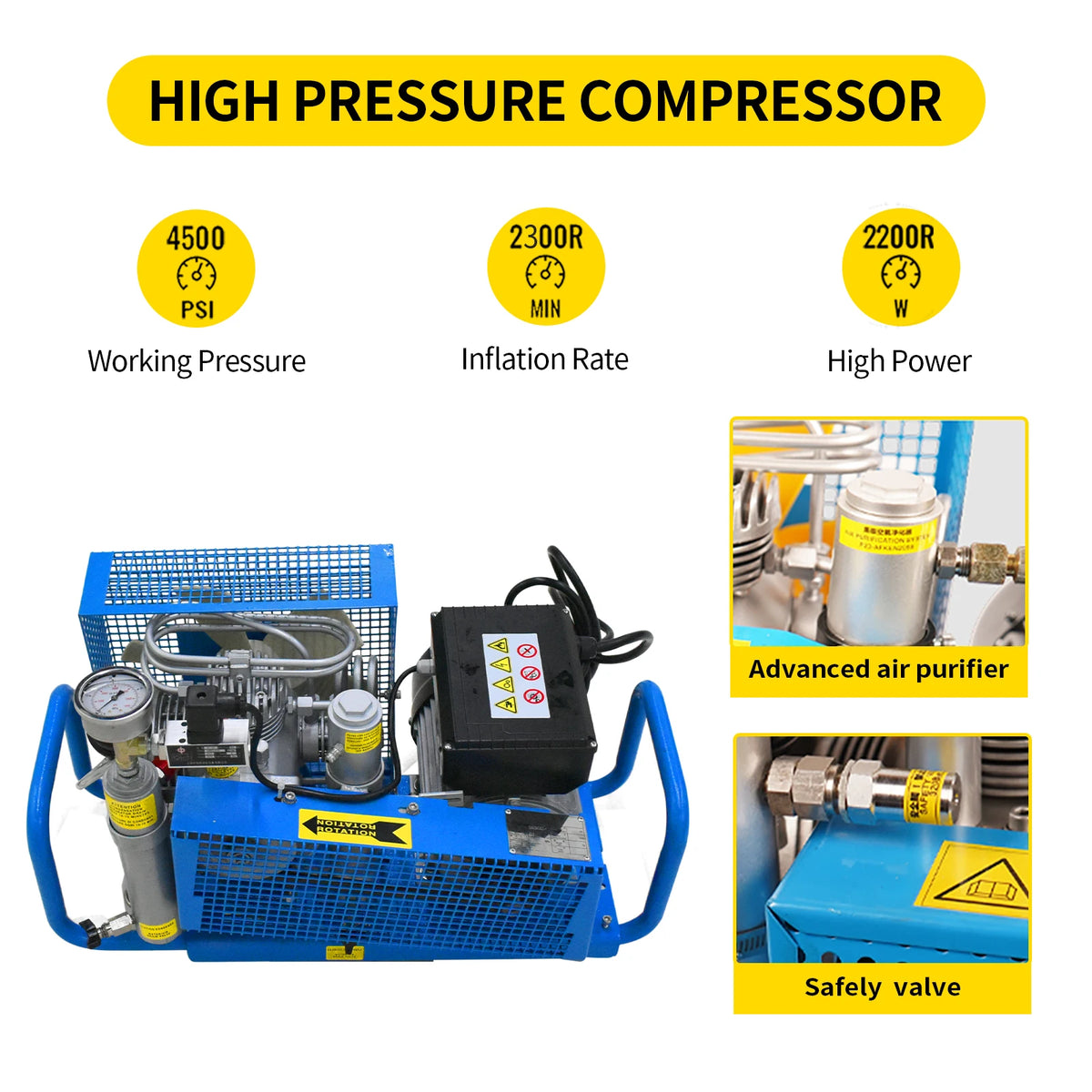 TUDIVING 4500Psi 300Bar High Pressure Diving Compressor,Four-cylinder Drive Compressor for Water Sport Paintball 110V