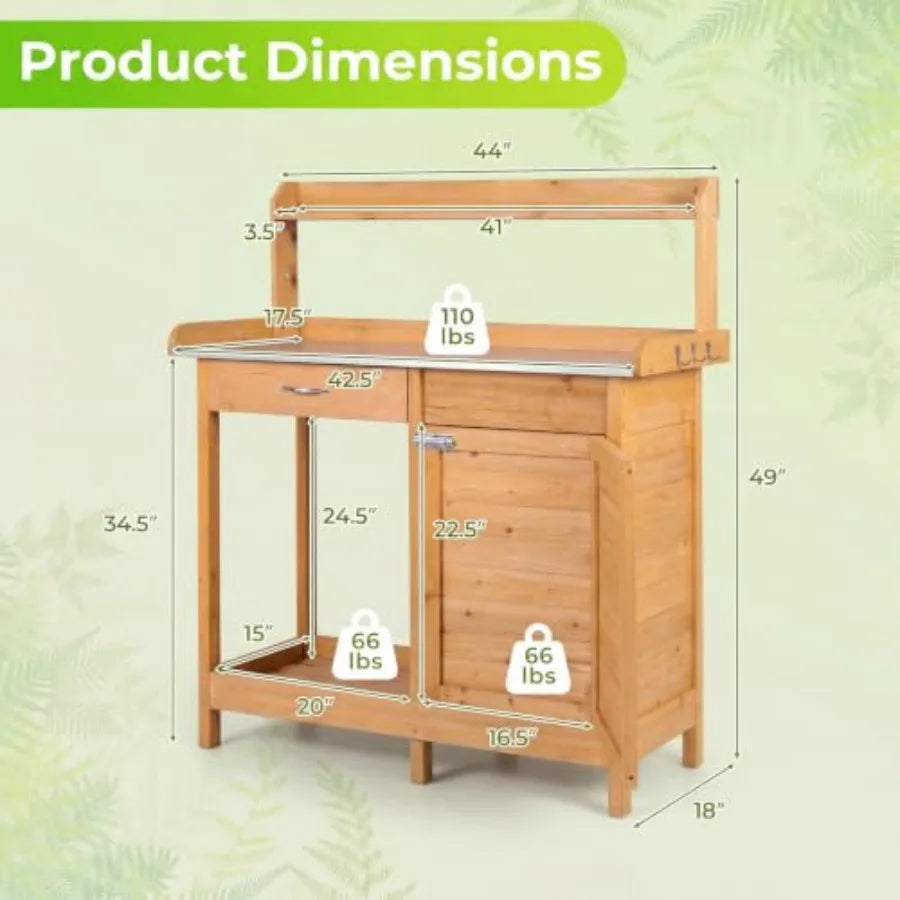 Potting Bench Table with Storage Cabinet Drawer Yellow Plant Workstation with Shelves 3 Hooks, Solid Fir Wood for Indoor Outdoo