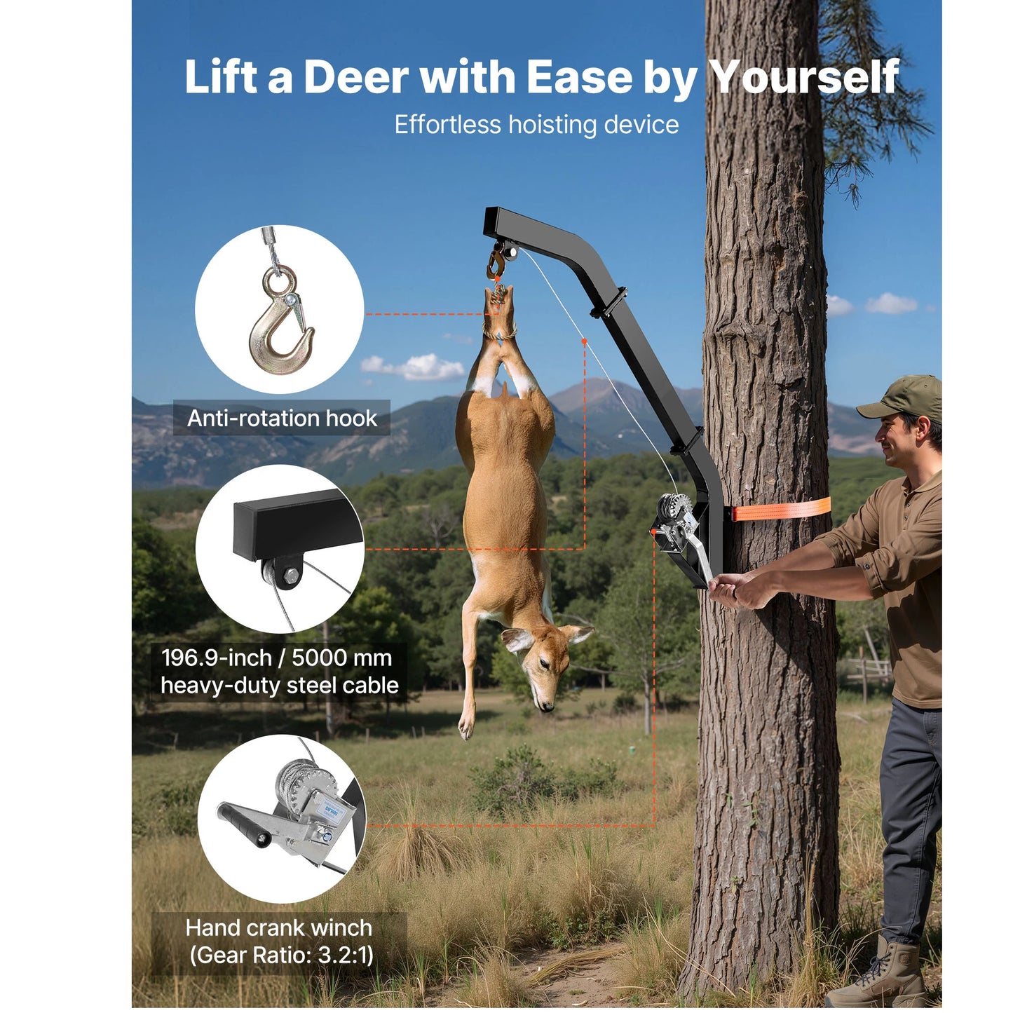 SucceBuy Tree Mounted Deer Hoist With Ratchet Strap Hunting Winch