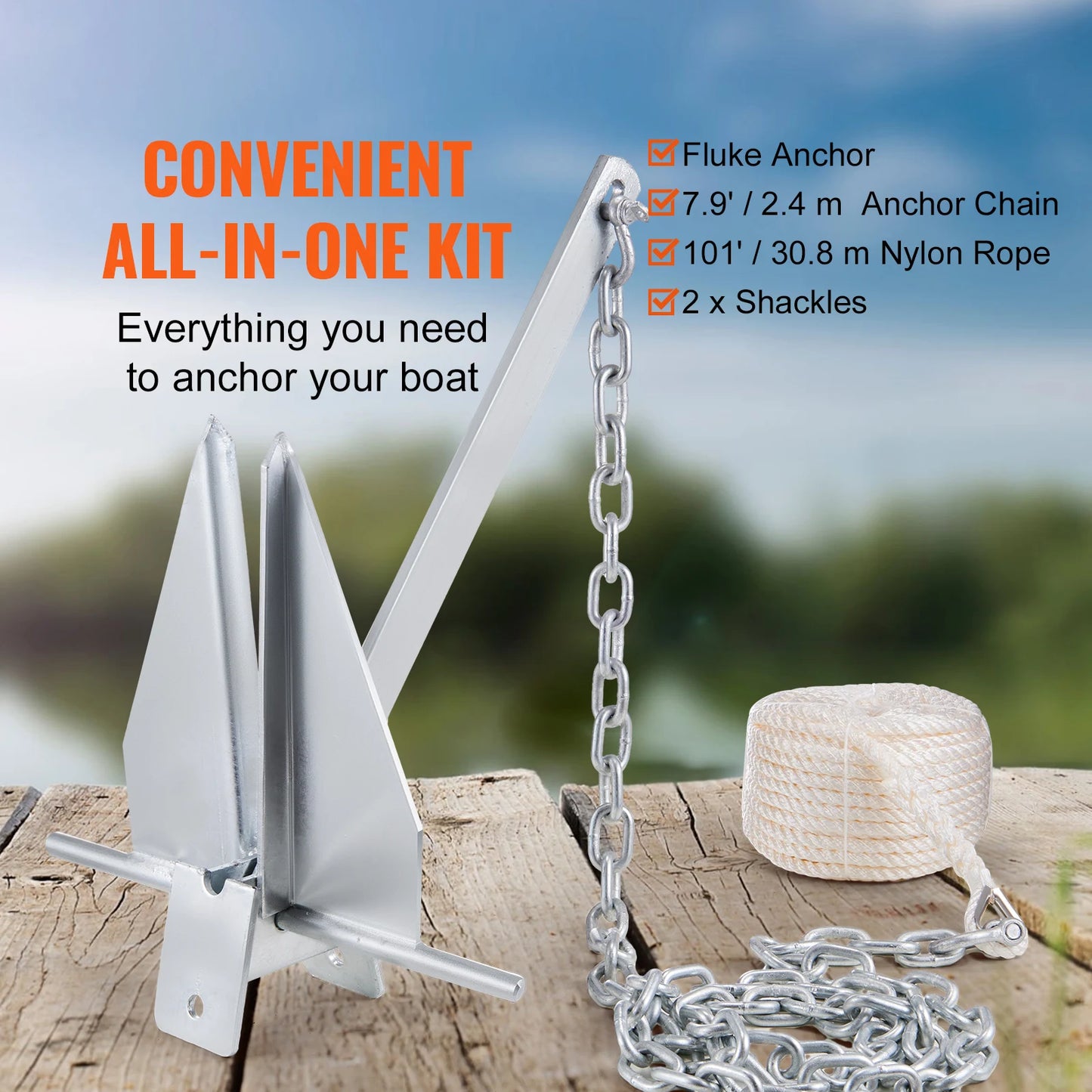 SucceBuy Galvanized Steel Fluke Anchor Kit With Chain And Rope