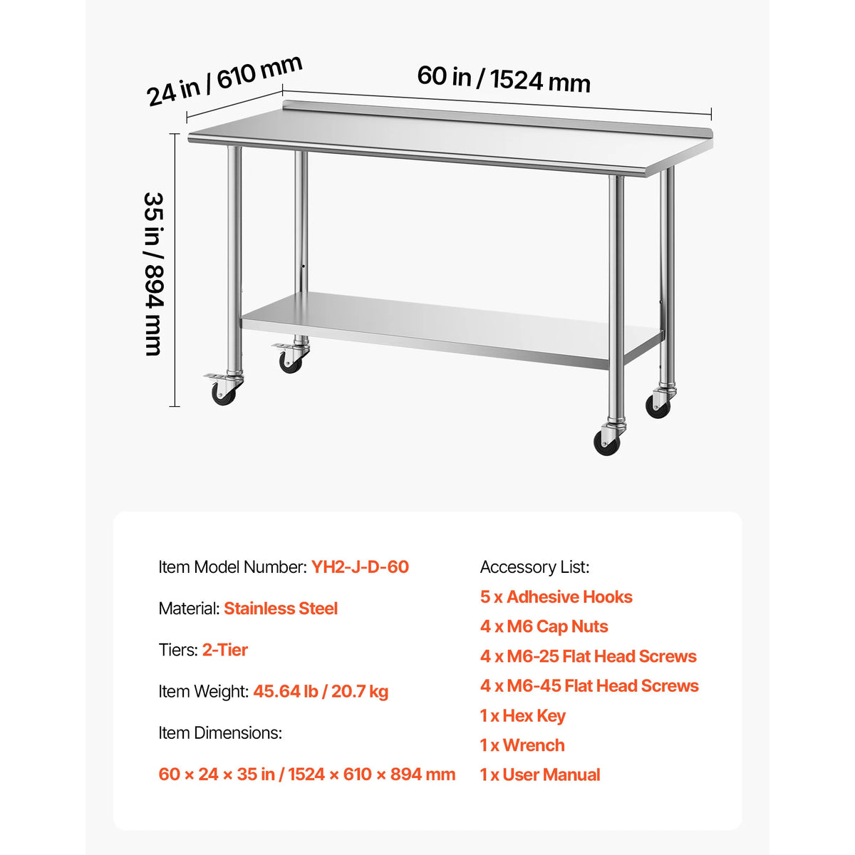 SucceBuy Stainless Steel Work Table With Wheels Commercial Kitchen Station