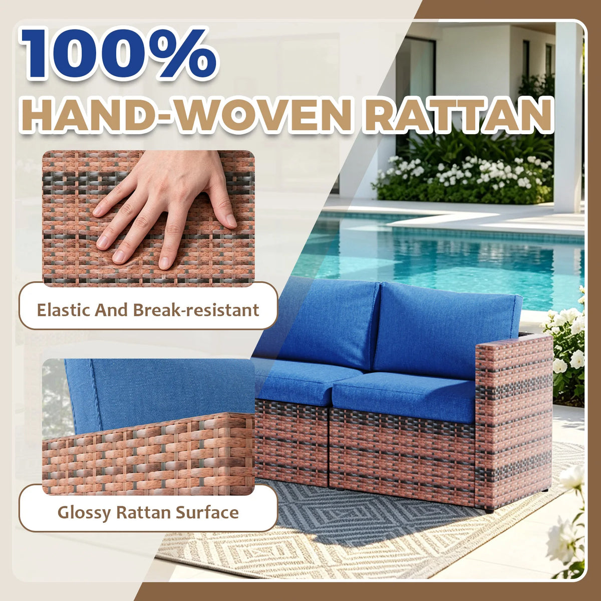 Outdoor Patio Furniture Set, 3-Seat PE Rattan Patio Furniture Sofa with Adjustable Feet & Thick Blue Cushions, All Weather Anti-slip Outdoor Furniture Couch, Durable Outdoor Patio Furniture Set for Poolside, Garden & Backyard