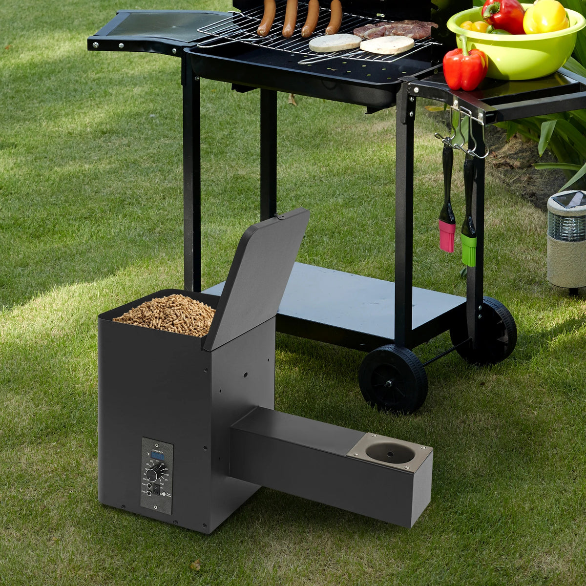 Pellet Smoker Hopper Assembly Kit, Precision Temperature Control 180-450℉ Dual-Functional Wind Mechanism for Yard Garden Camping
