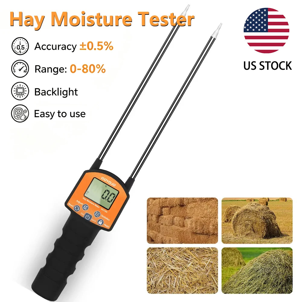 Portable Digital Hay Moisture Tester Meter Probe Tester with LCD, 0-80% Moisture Range, for Alfalfa, Leymus, Orchard Grass, Straw Bales Fast Accurate Digital Sensor Hay bale Moisture Meter GS120A