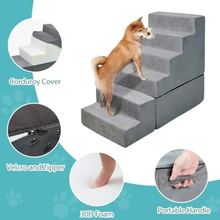 30 Dog Stairs for Small Dogs Cats to Access High Beds, Grey Polyester Fabric with Non-Slip Surface, No Assembly Required