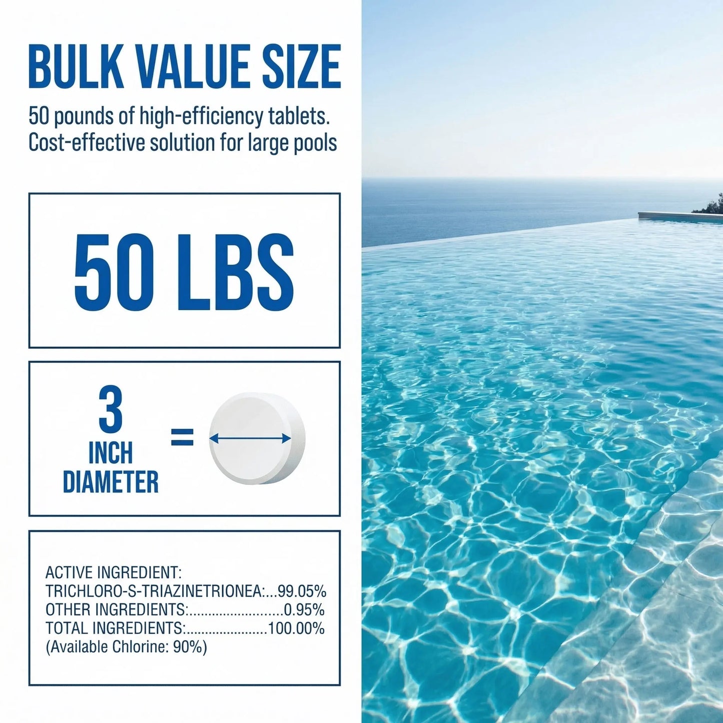 3 inch 50 Pounds Chlorine Tablets , Stabilized Chlorine Tablets for Hot Tubs, Swimming Pools and Spas - Slow Dissolving