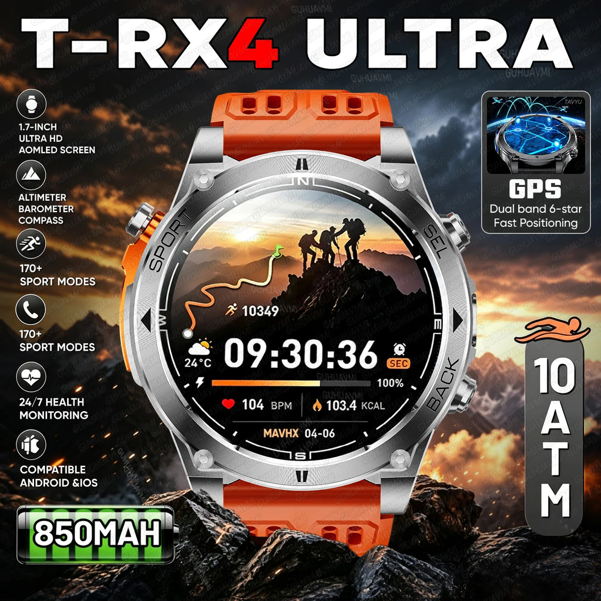 T-RX4 Rugged Outdoor GPS Smartwatch with Compass Altimeter and Barometer