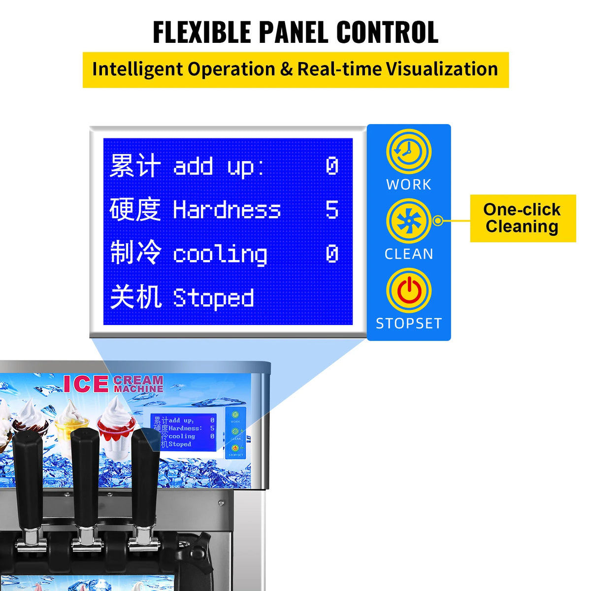 SIHAO Commercial Soft Serve Ice Cream Machine, 18L/H Tri-Flavor Countertop Ice Cream Maker, LCD Display 1200W Compressor, Stainless Steel, One-Touch Cleaning, for Dessert Shop Cafe Restaurant Snack Bar