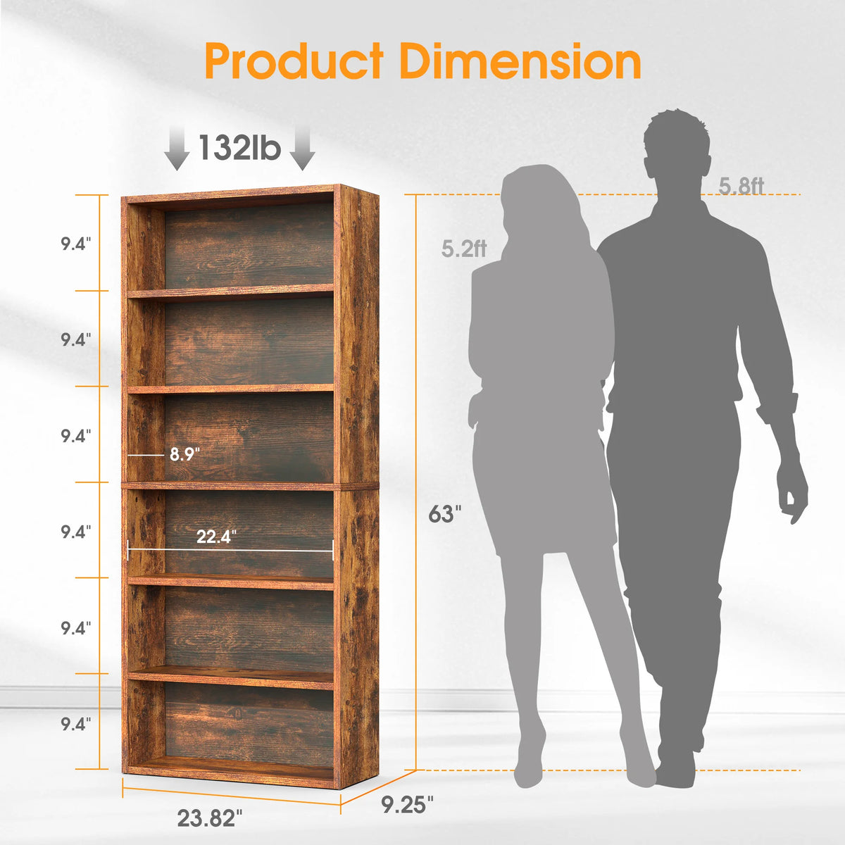 MCQ 6 Tier Wooden Bookcase Adjustable Open Storage Shelf