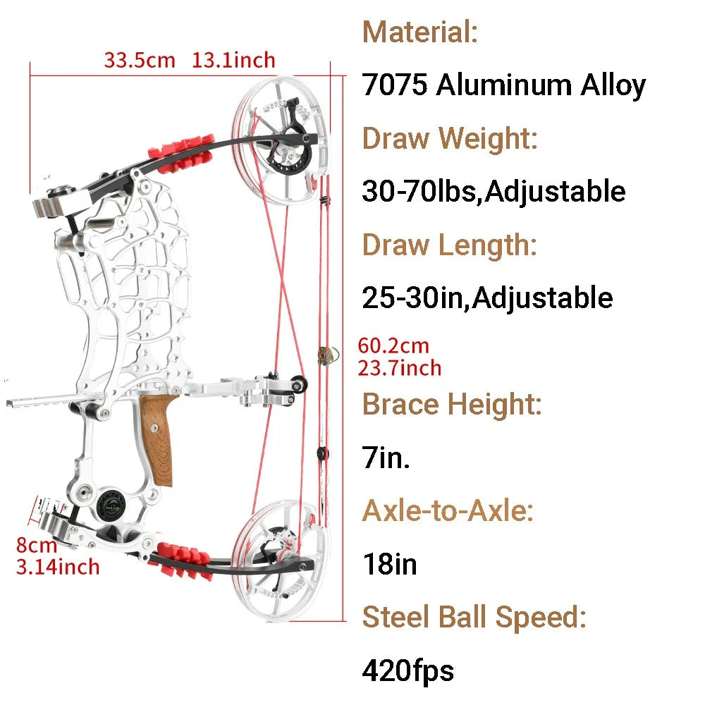 30-70lbs Compound Bow Adjustable Dual-Purpose 80% Let-off High Speed 420FPS for Hunting Shooting Steel Ball and Target Practice Right Hand Archery