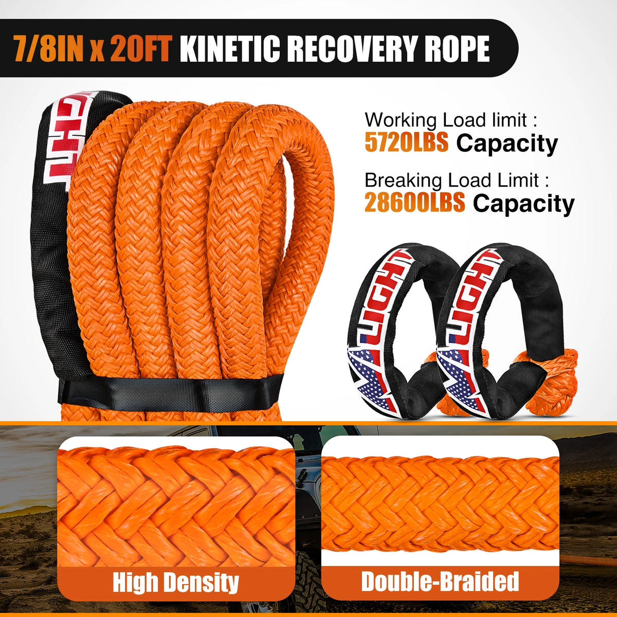 Nilight Kinetic Recovery Tow Rope 7/8" x 20ft (28,600LBS) with 2 Soft Shackle 1/2" x 24" Snatch Strap Heavy Duty Offroad Towing Strap kit for UTV ATV SUV Truck Car Jeep Tractor