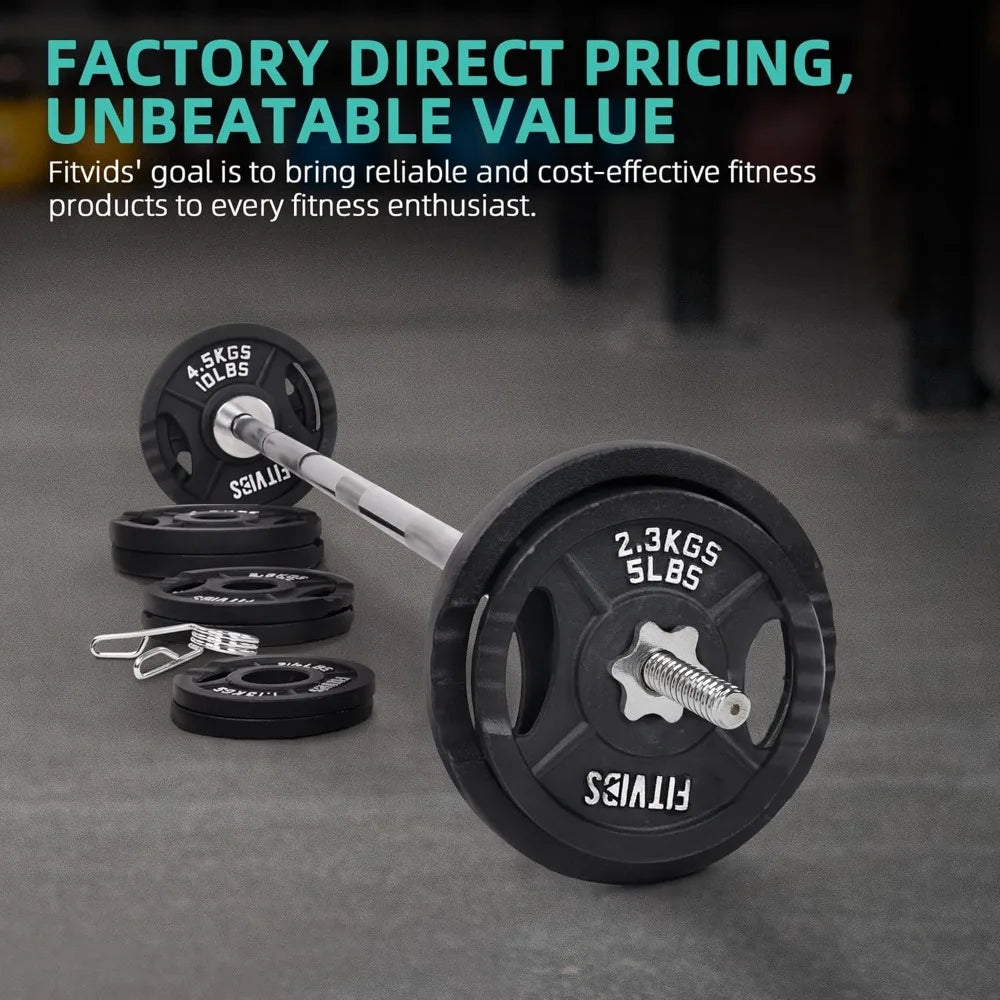 Fitvids Cast Iron Standard Weight Plates Including 5FT Standard Barbell with Star Locks