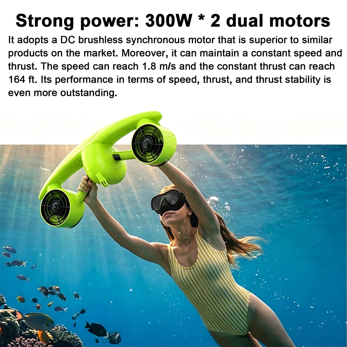 IP68 Waterproof Underwater Scooter 50m Diving Depth Dual Motor 2 Speed 12 kgf Thrust Portable Removable Battery Water Sea Scooter with Sport camera mount and Child Safety Lock for Snorkeling Swimming Diving