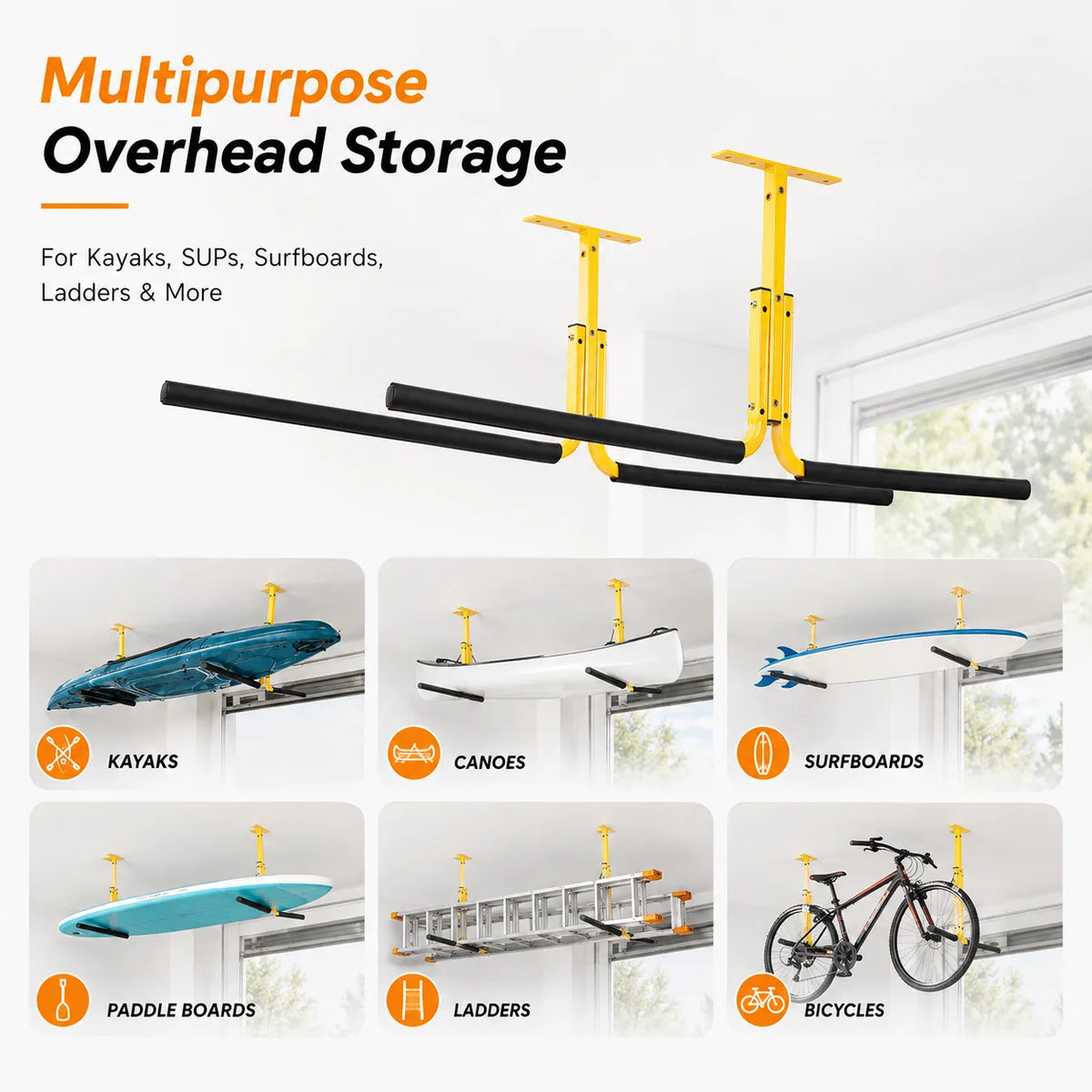 2PCS Overhead Kayak Storage Rack Ceiling Mount Adjustable Garage Hanger for 2 Kayaks Canoe Surfboard SUP Paddle Board Holder